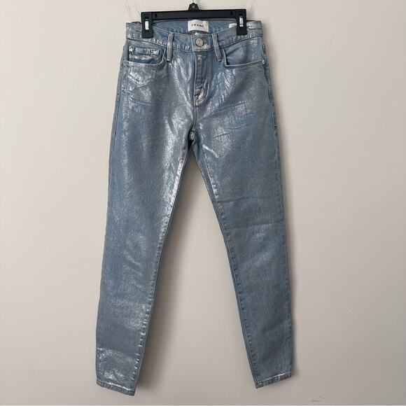 Frame Le Skinny de Jeanne Women's MR Silver Metallic Denim Skinny Jeans Size 24 - Picture 2 of 6
